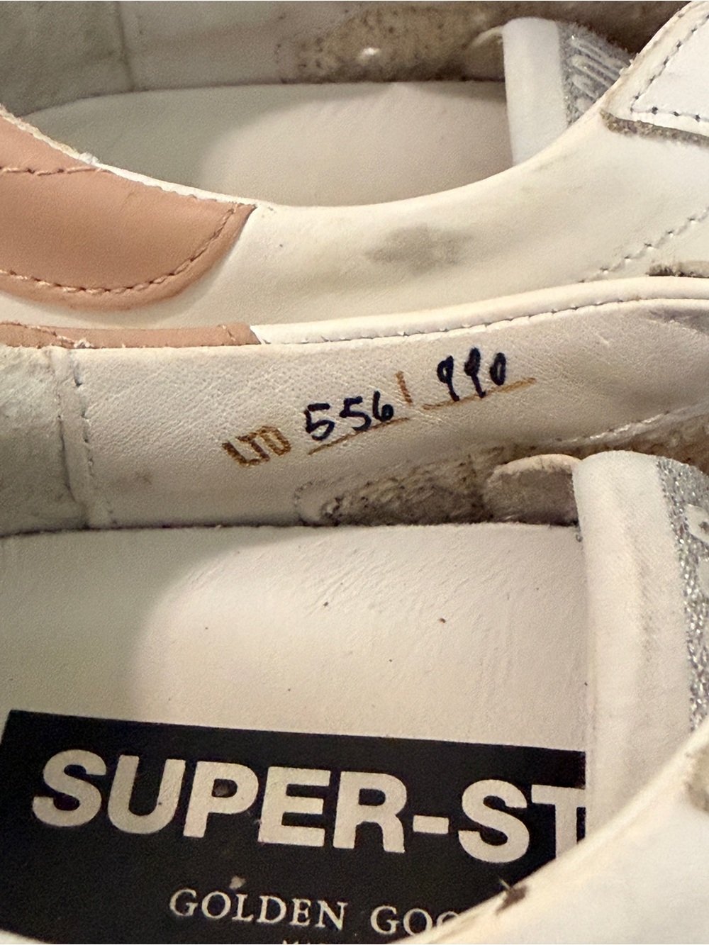 Golden Goose White Leather Sneakers with Gold Braided Laces and Blush Heel - Picture 6 of 9